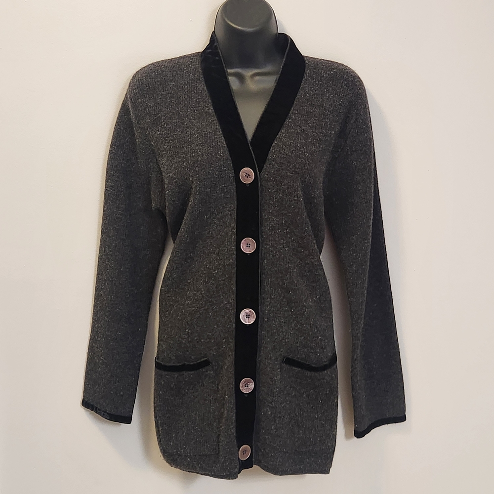Vintage‎ Moda Lambswool Velvet Trim Cardigan Size S Preppy Classic